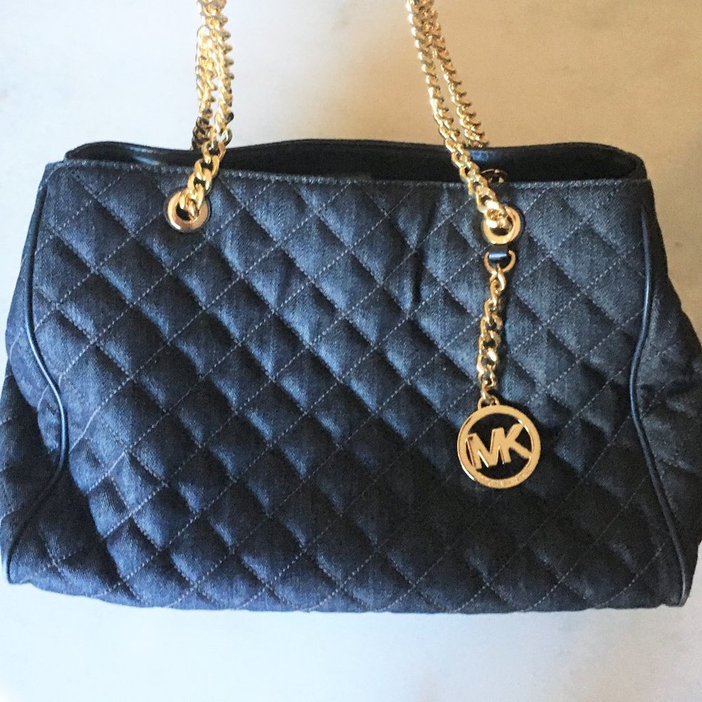 Michael Kors Susannah large tote dark denim purse shoulder bag gold chain straps